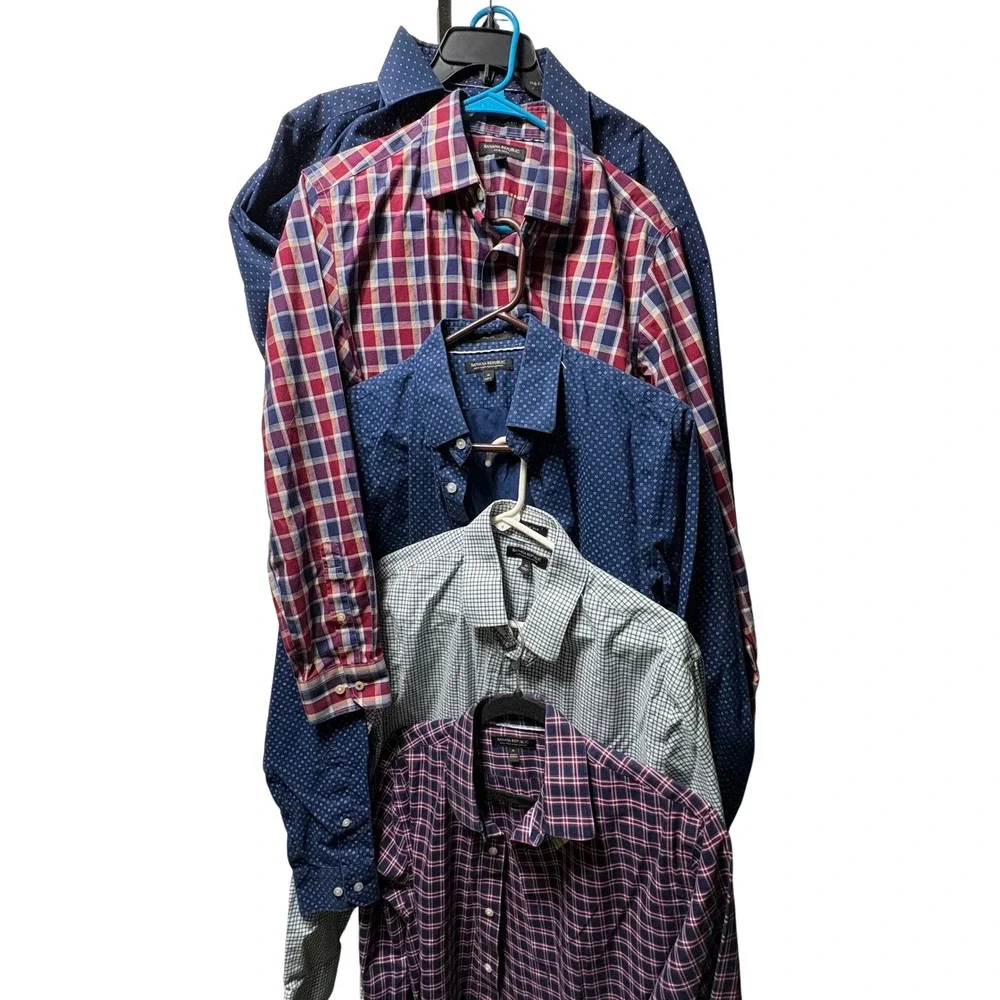 Banana Republic Mens Shirt Lot 6 Medium Blue Red Plaid Dot Cotton Non-Iron